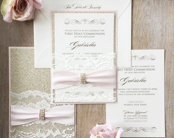 GABRIELLA - Lace Pocket Communion Invitation- Blush Pink and Gold Glitter with Ivory Lace Pocket, Blush Ribbon and Gold Rhinestone Brooch