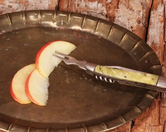 Pocket knife with fork and corkscrew - Folding knife - Camping hunting fishing knife for traveling - Knife with mother of pearl handle