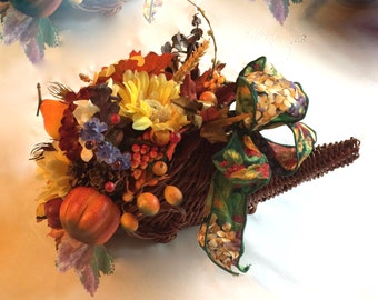 Cornucopia Thanksgiving/Fall Centerpiece, Artificial/Silk flowers,Faux Fruit-Touch of blue