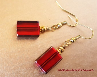 Red & Gold Earrings, Rectangular Beads Earrings, Pretty, Delicate Earrings, Earrings for Women, Handmade Earrings, Valentines Gift For Her