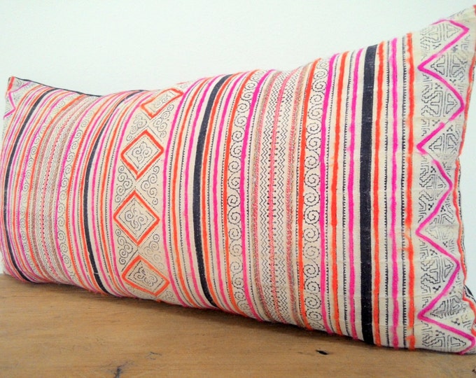 12"x24" Bohemian Rare Vintage Hmong Fabric Pillow Case, Stunning Ethnic Boho Pillow Cover, Old Tribal Costume Textile Decorative Pillow