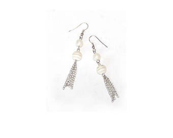 Long White Earrings / Silver Chain Tassel / Pearl Earrings / White Pearl & White Striped Bead / Sale