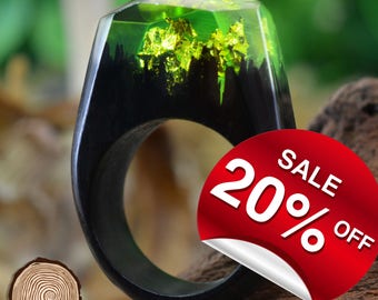Fairy Land ( Handmade Wooden Resin Ring. Wood Resin Ring. Wood jewelry. with Magnificent Tiny Fantasy Landscape )