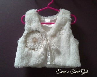 WHITE FAUX FUR vest, boho vest, white fur vest, winter waistcoat, photo shoot, crochet doily, infant jacket, fluffy vest, 5 6 year old girl