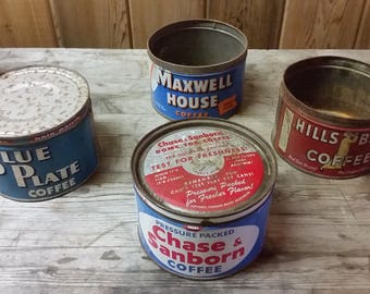 4 Vintage Blue Plate, Maxwell House, Hills Brothers, Chase & Sanborn Coffee Cans