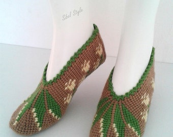 Socks slippers knit slippers hand made Brown taupe and leaf green, woman or teen birthday gift idea.
