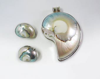Nautilus Shell Shaped Mother of Pearl Pendant and Earring Set with Sterling Silver