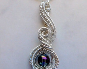 Silver Swirling Drop Pendant, Wire Wrapped Pendant, Wire Woven Necklace, Titanium Coated Quartz Pendant, Wire Wrapped Jewelry