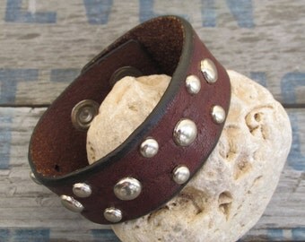 Leather Cuff, Repurposed, Upcycled Belt Cuff, Western Jewelry, Boho, Brown Leather Cuff, Studded Cuff, Tooled Cuff