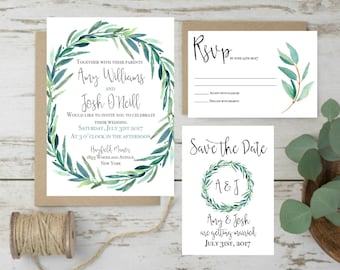Green Wedding Invitation, Eucalyptus Wedding Invitation, Botanical Wedding Invitation, Rustic Wedding Invites, Wedding Greenery Invitation