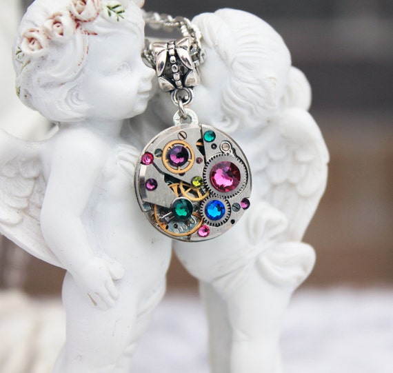 Vintage steampunk necklace with swarovski crystals by DreamCloudJewelry steampunk buy now online