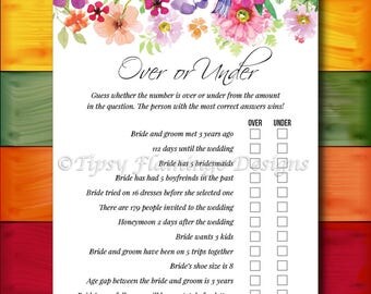 Bridal Shower Game, Over or Under, Floral Bridal Shower, Shabby Chic, Flowers, Watercolors, Printable, Instant Download T319I