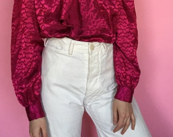 80s Fushcia Subtle Leopard Print Satin-like Bow Blouse size S/M