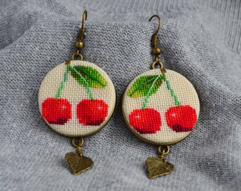 Gift for her Cherry earrings Cross stitch jewelry Embroidered earrings Red cherry earrings Red jewelry Hand embroidered jewelry Leaf charm