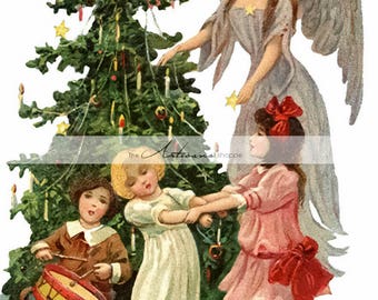Christmas Angel Tree Children Crafting Image Antique Victorian - Digital Download Printable Image - Paper Crafts Scrapbooking Altered Art
