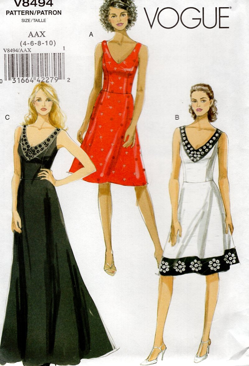 Vogue 8494 Empire Evening Length Gown Dress 2008 SZ 4/10 New