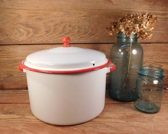 Vintage White and Red Enamel Stock Pot, Farmhouse Kitchen, Enamelware Cookware, Farmhouse