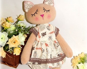 Soft cat doll with clothes, doll cat to sleep, Dress up doll cat, Fleece rag doll cat, doll with clothes, organic soft toy