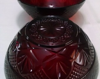 Ruby Red Glass Bowls - Cris d'Arques Durand Luminarc - Pressed Glass - Soup /Salad / Serving Bowls - Made in France - Set of Two - 1970's