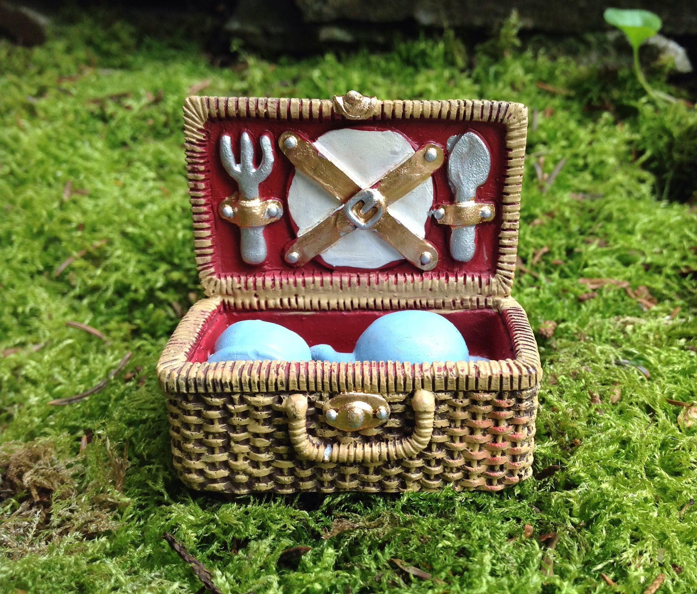 Miniature fairy garden picnic basket with tea pot