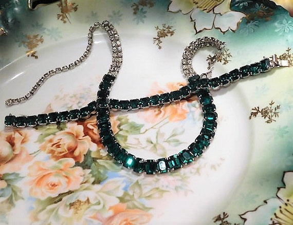 Kramer of NY Emerald Green Baguette Clear Rhinestone Necklace Bracelet Set Early 1950s 50s Mid Century Runway Fashion Demi Parure Jewelry