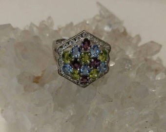 Peridot, Amethyst, and Blue Topaz Ring Size 6.5