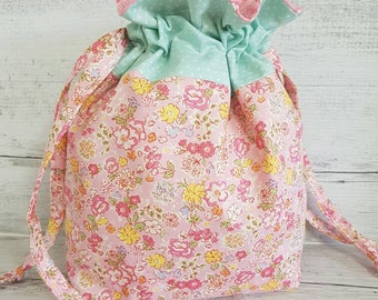 Knitting project bag, Sewing bag, Sock knitting bag, Toiletry bag, Drawstring Bag, Travel Bag, Shabby Chic, Pink Floral, Gift Bag, Storage.