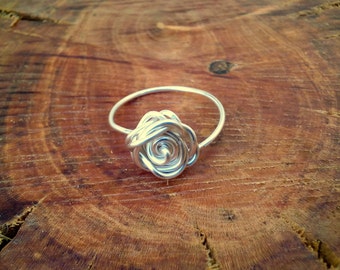 Silver Rose Ring, Silver Wrapped Ring, Wire Wrapped Silver Rose Ring, Rose Ring, Tarnish Resistant Rose Ring
