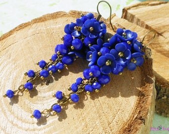 Royal blue Long earrings Blue cluster earrings Prom long earrings Dark blue flowers earrings Royal blue jewelry Long blue unique earrings