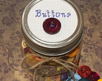 Button Jar, Mason Jar Decor, Gift for Her, Cross Stitch Art, Jar Topper, Vintage Style Decor, Mason Jar Lid
