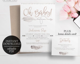 Printable Arrow Baby Shower Invitation | Editable Template | Gender Neutral Boho Tribal Invitation | Feathers | Oh Baby | Neutral Colours