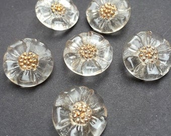 6 Pretty Vintage French 2cm Glass Flower Buttons