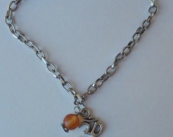Om symbol and orange agate chain bracelet. Silver chain bracelet with Om symbol charm and semi-precious agate orange color