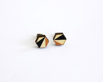 Black brass hexagon wooden earrings, studs earrings, nickel free earring stud, geometric earrings, minimal earrings, hypo allergenic