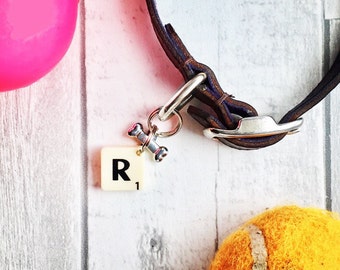Dog tag, Dog collar charm, pet collar charm, bone charm, name initial tag, scrabble letter charm, dog, dog accessory