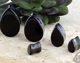 Black Agate Teardrop plugs 0g, 00g, 7/16" (11mm), 12mm, 9/16", 5/8", 11/16", 3/4", 13/16", 7/8", 15/16", 1" (25mm)