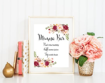 Burgundy Boho Floral Mimosa Bar Sign, Marsala Mimosa Bar Printable Wedding Sign, Floral Mimosa Bar Shower Sign, Peony Instant Download 120-W