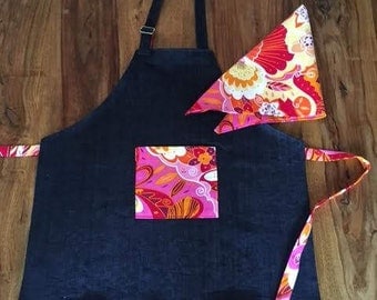 Girls apron, kids apron, child apron with hair scarf, little chef apron, kitchen apron in navy stretch denim with pink polka dots