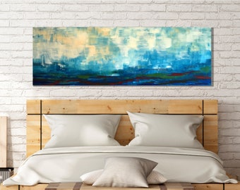 Art Canvas Print Giclee Painting landscape -- modern abstract scenic foothills, fog, clouds, moody wet sky and land, soothing dreamy, 20x60