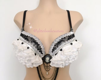 Black and White Rave Bra/ Burlesque Theme Bra/ Victorian Outfit/ Ruffle and Lace Festival Bra/ Vampire Halloween Costume/ Sexy Clubwear