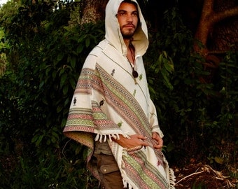 White Poncho with Hood Cashmere Wool, Earthy Tribal Pattern Festival Gypsy AJJAYA Mens Wear Boho Bohemian Primitive Nomadic Mexican pockets