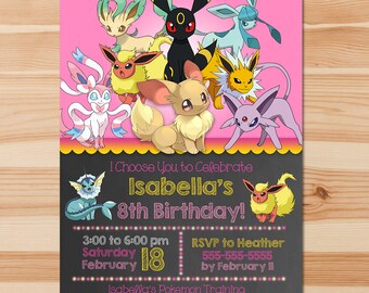 Pokemon Birthday Invite - Eevee Evolutions - Pink Chalkboard - Girl Pokemon Eevee Invitation - Pokemon Party - Pokemon Printables - Eevee