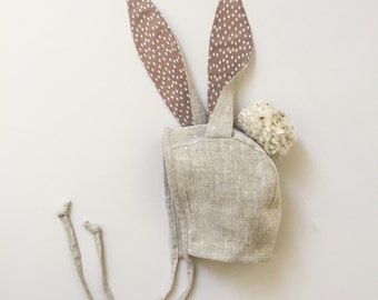 Bunny Ears Bonnet - Natural Linen, Easter Bunny Hat, Bunny Ears Hat, Baby Bunny Bonnet, Linen Bonnet, Toddler Bunny Hat, Halloween Bunny Hat