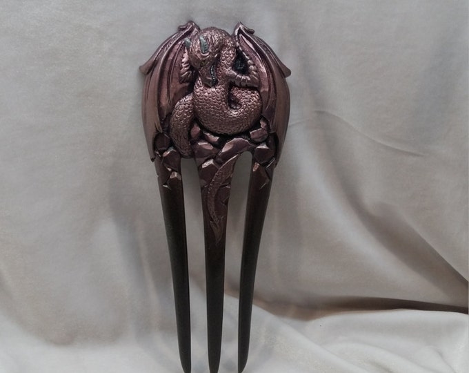 Hair fork Hair pin Wood carving Wooden hair fork Wood hair pin Hair fork 3 prong Wooden hair fork purple dragon