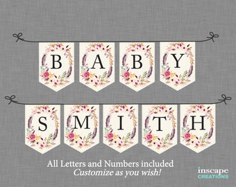 Boho Baby Shower Banner Printable, ALL Letters & Numbers Bohemian Flowers Feathers Floral Rustic Country Customizable Baby Shower Decoration