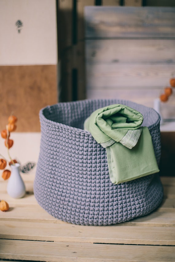 Gray basket/ Laundry basket/ laundry hamper/ Handmade basket/ Storage basket/ Crochet storage basket/ Crochet rope basket/ Storage bin
