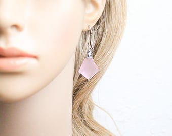 pink earrings sea glass jewelry beach earrings geometric earrings summer jewelry mom gifts daughter gifts silver pink jewelry wire wrap m44