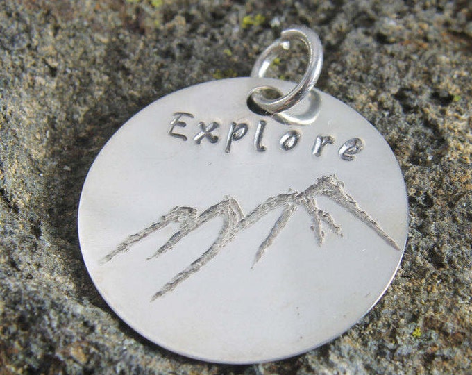 Explore Hand Stamped Pendant, Outdoors Mountain Necklace, Engraved Hiker Charm, Sterling Silver Custom Word or Name, Personalized Jewelry
