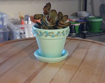 Terra Cotta Pot//Vintage Ribbon//Planter with Saucer//Indoor Plant Pot//Aqua