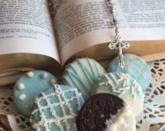 Baptism Favors for Boy, Blue Chocolate Covered Dipped Oreos, Boy Communion Favors, Boys Baby Shower Favors, Blue Treat. Blue Cookies